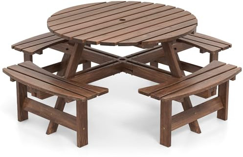 GOPLUS Table Pique-Nique Extérieur 8 Personnes, Table à Manger Jardin Ronde pour Patio avec 4 Bancs Intégrés, Trou Parasol 5 cm, pour Jardin, Terrasse, Parc, Charge 100+250KG*4 (Marron)