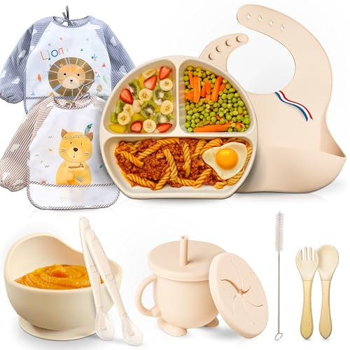 Shely KIDS Coffret repas bebe avec assiette bebe à ventouse cuillere bebe 1er age x2-bol bebe-2 bavoirs bebe à manches longues-1 bavoir silicone-tasse apprentissage bebe-couvert enfant x2(Beige)