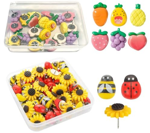 50 Stücke Niedlicher Cartoon Thumbtips, Biene Sonnenblume Ladybug-Fruchtstyling, Kreative Multifunktions Dekorative Nägel, Büro-Cork-Board-Accessoires.