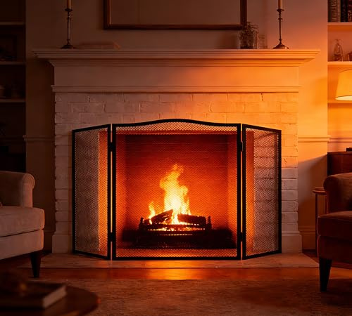 Kingson 3-teiliger gewölbter Kaminschirm – schwarzer schmiedeeiserner Funkenschutz – faltbarer Feuerschutzschirm mit dekorativem Netz – 96,5 x 61 cm