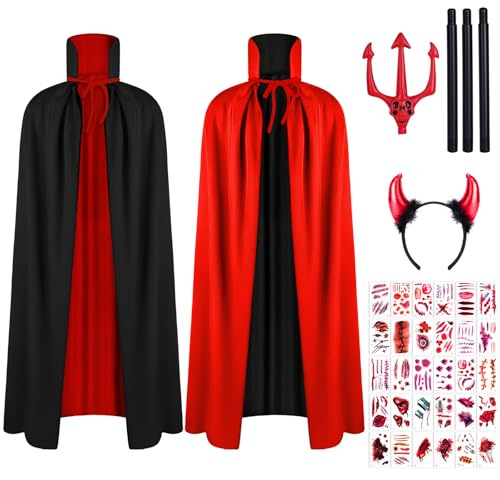 AOOWU Schwarz Rot Umhang, Kapuzenumhang Schwarz Rot Doppelseitig mit Vampirzähne, Vampir Kostüm Cape Set Erwachsene Kind für Halloween Karneval Weihnachten, 150cm, 90cm