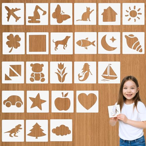 Quilax 24 Stück Schablonen Kinder,Cartoon Malschablonen Set,12.8x12.8cm Wiederverwendbar Schablonen,Neugeborene Kinder,Einfache Zeichnung,Tiere/Auto/Pflanzen/Wetter,Scrapbook Fotoalbum,Geschenkkarten
