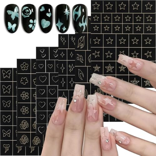 FSpronail 6 Sheet Airbrush Stencil for Nails, Heart Star Flower Butterfly Bow Flame Nail Art Stickers, French Design Hollow Nail Airbrush Templates, Decals Supplies for Manicure Decoration DIY Tools