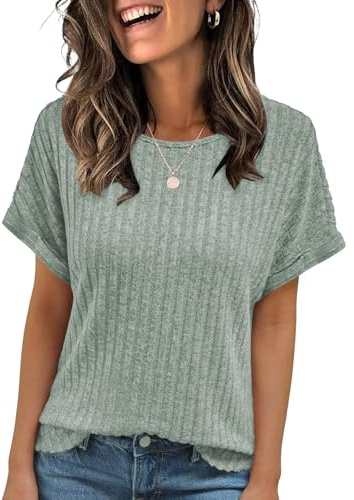 Cuptacc Tshirt Damen Sommer Elegant Shirt Luftig Kurzarm Leicht | Rundhals,Basic,Casual,Locker,Bequem,Luftige,Umgeschlagene Dolman‑Ärmel,Büro,Reise,Geschwungener Saum