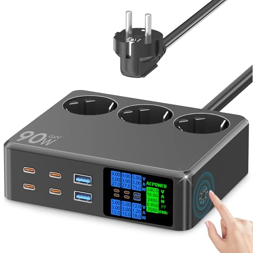 CKCN Steckdosenleiste 2500W mit USB C 6-Port (90W) mit LED Anzeige | Steckdosenwürfel mit USB Ladestation Mehrfachsteckdose PD Überspannungsschutz Steckdosen Verlängerungskabel 1.2M, Schwarz