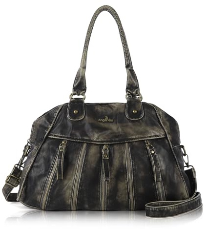 Angel Kiss Handtasche Damen Weiche PU Leder Umhängetasche Vintage Tote Schultertasche Schwarzgrau