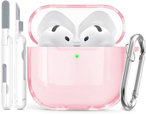 Inesore Compatible with AirPods 4 Hülle, Transparent Pink | Shockproof TPU Clear Case for Daily Drop Protection, Includes Cleaning Kit, with Keyring, Lanyard