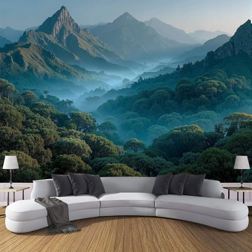 Seide Fototapete Natürliche Schönheit 250x175cm - Tapete Fototapeten Berge, Nebel, Wald Wandtapete 3d Effekt Wand Dekoration für Flur Wohnzimmer Schlafzimmer, Blaugrün