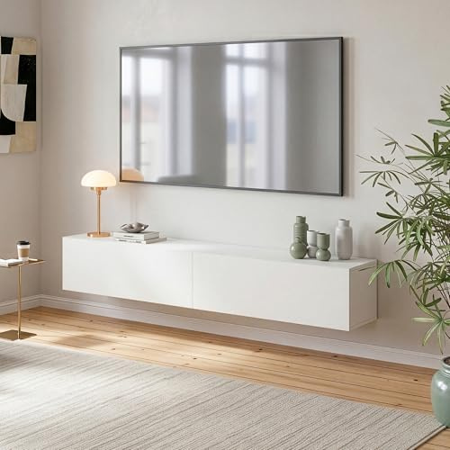 [en.casa] Mobile da Parete Porta TV con 2 Scomparti Chiusi Ante a Ribalta Pensile Multiuso Armadio Sospeso a Muro 180 x 32 x 30 cm - Bianco Opaco