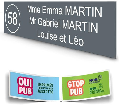 DECOHO - Plaque boite aux lettres personnalisée adhésive - plastique bi-couche gris lettres blanches - 100x25 mm, 3 lignes, stickers STOP PUB offerts - Gris