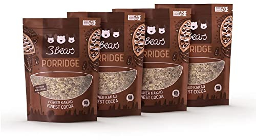 3Bears Porridge - Feiner Kakao I 4x400g veganes Porridge mit Vollkorn-Haferflocken I Mit rein natürlicher Süße und ohne Zusatzstoffe I auch als Oatmeal, Frühstücksbrei oder Overnight Oats