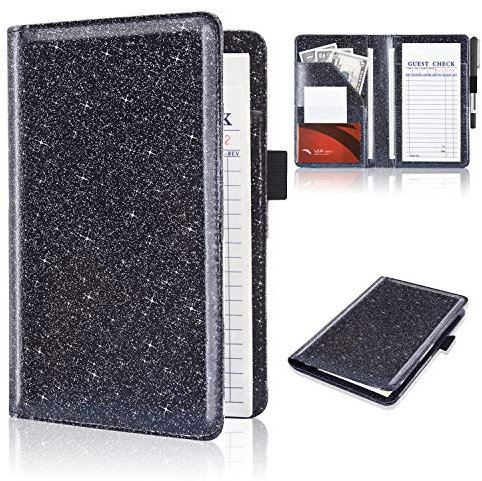 ACdream Livres de Serveur pour Serveuse, carnet de Notes, Joli Portefeuille en Cuir de Poche, Porte-Monnaie, chèque de Caisse, reçus, Accessoires de Serveur pour Tablier de Serveur, Noir pailleté