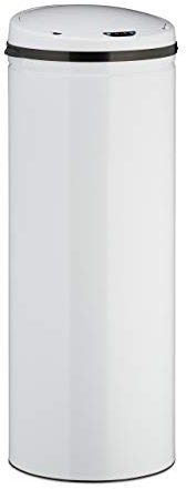 Relaxdays Sensor Mülleimer 50l, runder Edelstahl Abfalleimer, elektrischer Deckel, Automatik groß, HxD: 80 x 30 cm, weiß