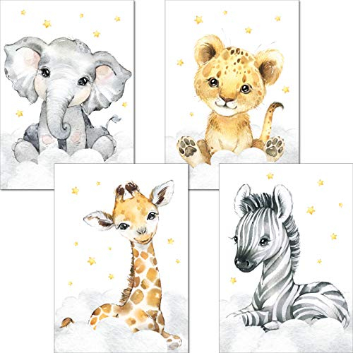 LALELU-Prints Bilder Kinderzimmer Poster Babyzimmer Deko Mädchen Jungen Kinderbilder Set Kinderzimmerbilder (Safari Tiere A3 4er Set)