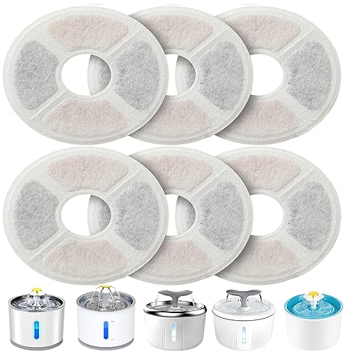 PewinGo Katzenbrunnen Filter Rund, Filter für Katzenbrunnen Ersatzfilter für 2,0-2,5L Trinkbrunnen 6 Stück Filters mit Harz und Aktivkohle für Katzen und Hunde