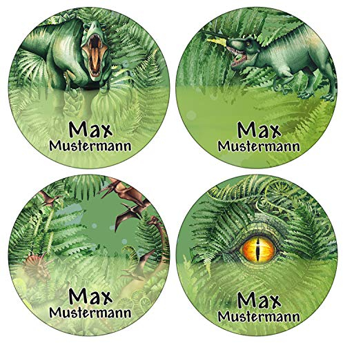 Sunnywall® Runde Aufkleber Namensaufkleber Federmappe Kinder & Erwachsene Namen Sticker Aufkleber Sticker 44 Stück Schule und Kindergarten - wasserfest (Dinosaurier T-Rex)