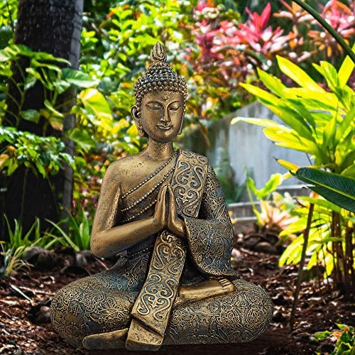Cepewa Buddha goldene asiatische Statue sitzend Feng Shui Gartenfigur H 30 cm zur Gartendekoration