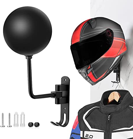 SANGMO 180 ° Motorradhelmständer, drehbarer Metallhelmhalter, Wandmontage, Helmständer, Motorrad mit 2 Haken, Helmaufhänger für Motorrad, Fahrrad, Mäntel, Mützen, Baseballs, Rugby-Helm (1 Stück)