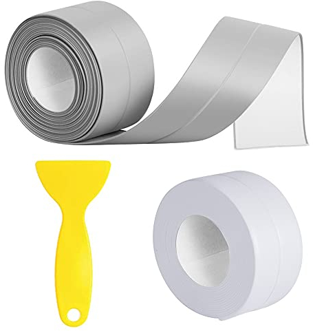 Selbstklebende Dichtband, Wasserdicht Dichtungsband Set, Fugendichtungsband, Wasserdichtes Klebeband, Auf die küche/toilette/badezimmer in der ecke.(Weiß und grau)