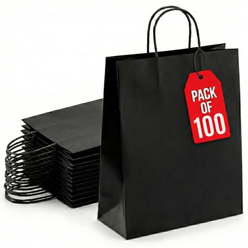 Kids Party Bags - 100Pcs Wrinkle Free Paper Party Bags with Twisted Handles - Black Party Bags, 100gsm Strong Recyclable Gift & Kraft Bags for Birthdays & Baby Showers 24×18×8cm