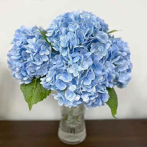 ZooeyRoose 3 pcs Light Blue Artificial Hydrangea Flowers 21 Lifelike Fake Large Real Touch Hydrangea Blue Flower for Wedding Decoration Bride Bouquet Floral Home Decor Table Centerpieces