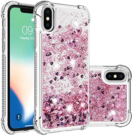 IMEIKONST Compatible with iPhone XS Glitter Case, Liquid Sparkle Quicksand Clear Transparent Sequin Girls Slim TPU Bumper Silicone Shockproof Cover for iPhone XS/X. Love Rose YBW