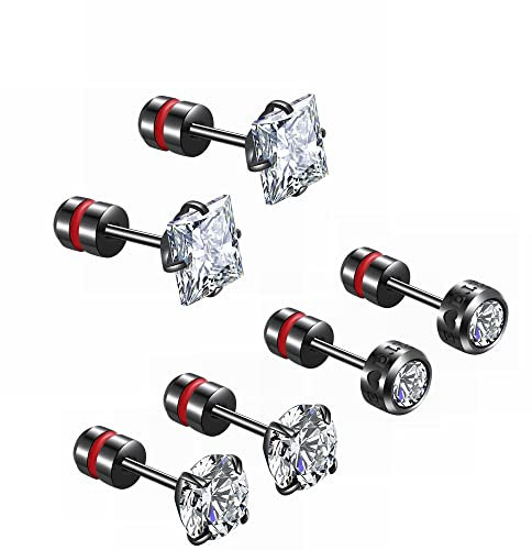 ZOCOYUU 3 Pairs Titanium Screw Back Surgical Stainless Steel Stud Earrings for Women Men,Square Rainbow 5A Cubic Zirconia 20G Cartilage Earrings Piercing Sleeper Studs(3 Pair Square CZ Barbell)