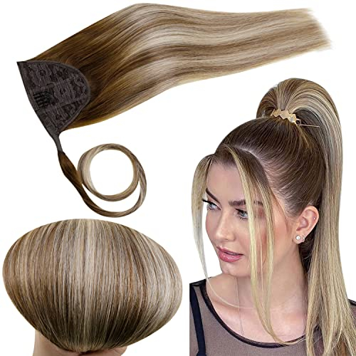 RUNATURE Ponytail Extensions Echthaar Balayage Braun Blond 40cm 80g Haarverlangerung Echthaar Zopf Gerade Pferdeschwanz Haarteil Echthaar Balayage Braun Ombre Blond #3/8/22