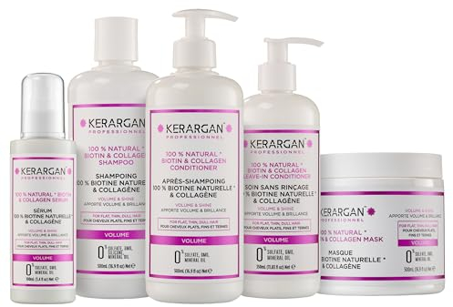 Kerargan - Volumen-Set Shampoo, Conditioner, Maske, Serum & Leave-In mit Biotin & Kollagen - für plattes, dünnes und mattes Haar - Ohne Sulfate, GMO, Silikon - 3x500ml+1x100ml+1x350ml