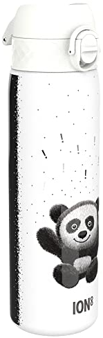 ION8 Leicht Stahl-Trinkflasche, 600 ml, Nicht IsoliertAuslaufsicher, Einhandöffnung, Sichere Verriegelung, Spülmaschinenfest, Klappdeckel, Tragegriff, Leicht zu Reinigen, Panda-Design