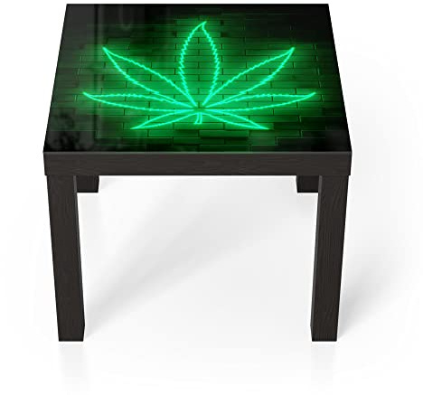 DEQORI Glastisch | schwarz klein 55x55 cm | Motiv Leuchtsymbol Hanfblatt | ausgefallener Beistelltisch aus Glas | Hochglanz Couchtisch fürs Wohnzimmer | moderner Couch Tisch mit Design