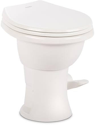Dometic Model 410 Complete RV Toilet – Round Porcelain Bowl, Universal Fit & 2-Bolt Mount, 18 Chair Height Residential-Style, Gravity Flush Toilet with Soft-Close Seat, White (9610008259)