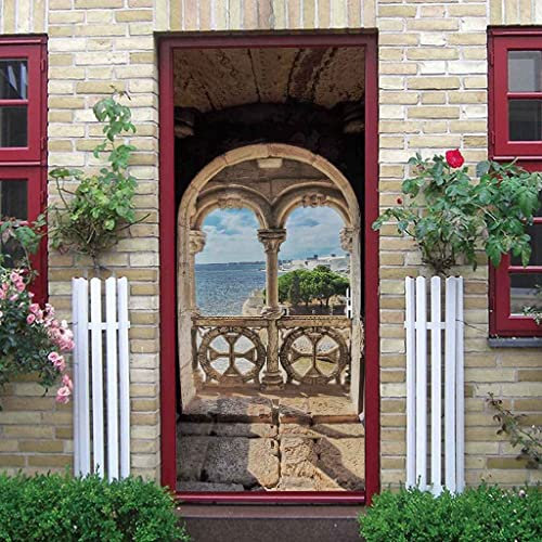 Sticker Porte Effet 3D - Autocollant De Porte Trompe L'Oeil - Paysage De Plage De Château Vintage 90 X 200 Cm Papier Peint - Auto-Adhésif Stickers Muraux -Chambre Salon Cuisine Poster De Porte Déco -