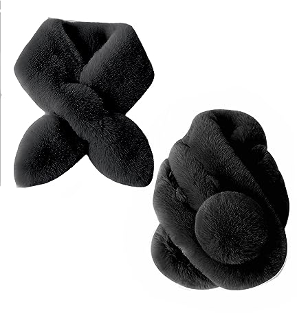 Rayson Damen Halstuch Mit Kunstpelz-Bommel - Weich Warm Flauschig Faux Fellkragen Schal für Winter und Weihnachten - Loop Schals, Schwarz+Schwarz