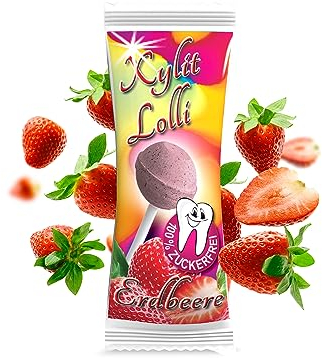 Xylit Birkenzucker Lolli Erdbeere | 25 Stk x 6g | Keine Chance für Karies: zuckerfreier Dauerlutscher | vegan & kalorienreduziert | Zahnpflege Lollipop Erdbeer