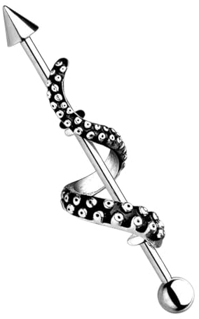 Taffstyle Piercing Hantel Barbell Industrial Chirurgenstahl Ohr Cartilage Helix Tragus Intim Brust Stab Ohrpiercing mit Vintage Kraken Tentakel Silber