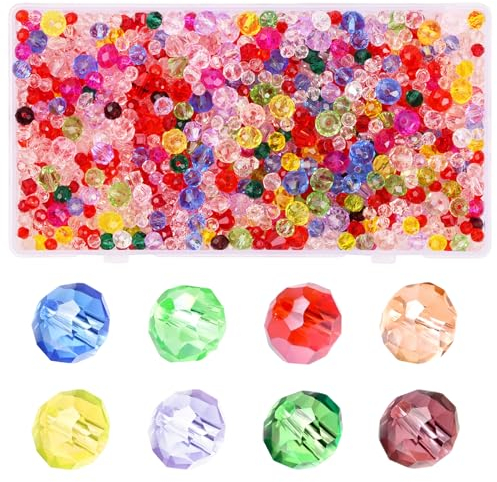 Perlen Zum Auffädeln, 1000 Stück Facettierte Glasperlen, Glitzerperlen, 8mm/6mm/4mm Bunte Facettierte Perlen Set mit Aufbewahrungsbox für DIY Schmuck Armbänder Herstellung Basteln