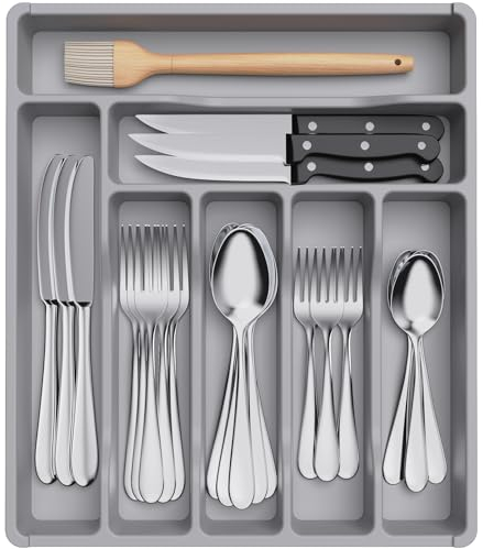 Lifewit Range Couverts pour Tiroir, Organisateur Couverts Tiroir Cuisine Rangement Ustensiles Bac de Rangement Couvert pour Cuillères Fourchettes Couteaux Vaisselle, 7 Compartiments, Gris