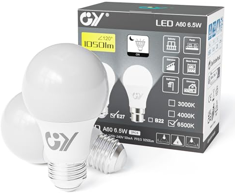 GY Glühbirne E27 mit Bewegungsmelder Lichtsensor Lampe, E27 LED Kaltweiss 6500K 1050lm Leuchtmittel, 6,5W ersetzt 75W, automatische Ein-/Ausschalten, für Treppen, Toiletten, Garten, Garage, 2 Stück