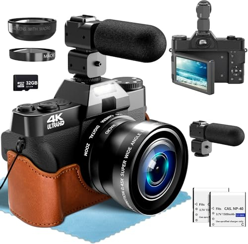 4K Digitalkamera Digitalzoom 56MP Fotokamera mit Weitwinkel+Macro Linse, mit WiFi und Manueller Fokus, 32G TF Karte 3.0 Kompaktkamera 180° Flip Bildschirm, Vlogging Digitalkamera für Anfänger
