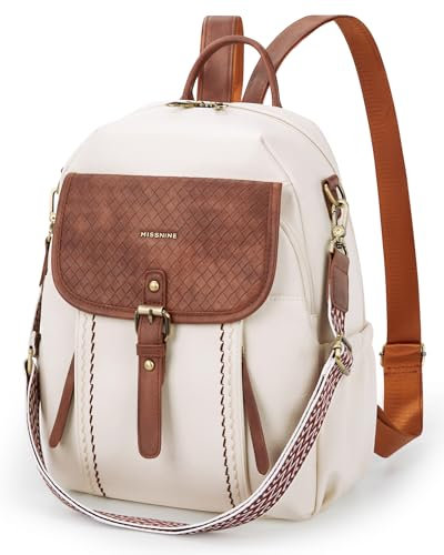Missnine Women Backpack,PU Leather Ladies Fashion Multi-pocket Backpack for 13 Inch Laptop,Convertible Shoulder Bag with Secured Zippers for Daily Holidays,Brown + Beige