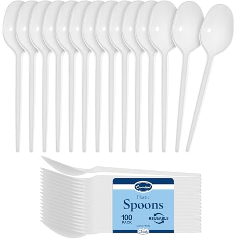 Essential Housewares - 100 White Reusable Spoon - Heavy Duty Plastic - Birthdays, Parties, Camping, Catering - 15cm Long