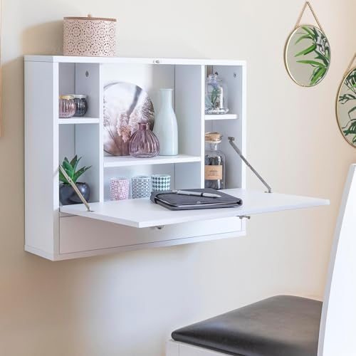 CELLUSTOP Bureau Suspendu Pliable - Table Murale Pliante en Bois avec Compartiments de Rangement et Tiroir - Bureau d'Ordinateur Pliable - Montage Mural - 60 x 50 x 15 cm - Blanc
