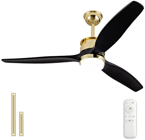 BOJUE Ventilador de Techo de 132 cm con Luz LED Regulable y Control Remoto, Aspas de Madera para Interior/Exterior, 3 Hojas, 6 Velocidades Silencioso, para Sala, Dormitorio, Patio y Oficina