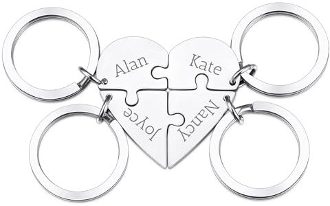 OTXIXTO Porte-clés Pièce Puzzle Coeur Argent Personnalisé Porte-clés Puzzle Coeur Personnalisé avec 4 Noms Ensemble de Bijoux Acier Inoxydable pour Couples Sœurs Amis Cadeaux