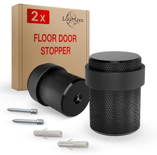 LouMaxx Door Stop Floor Metal for Screwing - Set of 2 Door Stoppers in Matte Black - Door Stopper Floor Screws - Door Stopper for Screwing Also Suitable for Solid Doors