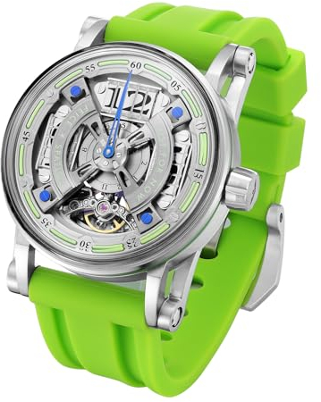 FEICE Skelett Automatik Analog Herrenuhr mit Grünem Silikonarmband aus Edelstahl Ø44 mm FM501