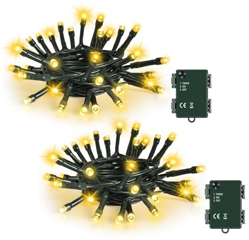 Bowfar Lichterkette Außen Batterie, 2M 20LED Warmweiß Weihnachtsbeleuchtung mit Timer, IP65 Wasserdicht Lichterkette Weihnachtsbaum für Innen Garten Hochzeit Party Weihnachten (2 Stücke, Grünes Kabel)
