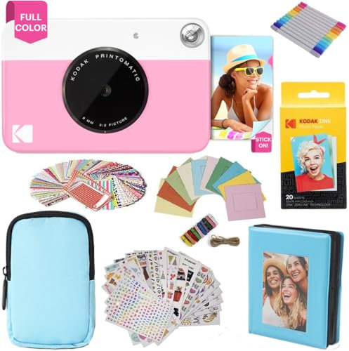 KODAK Printomatic fotocamera a stampa istantanea + custodia morbida + carta fotografica Zink 2x3 20pz + album + adesivo + cornici per adesivi + cornici sospese + pennarelli - Rosa