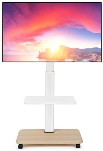 Supporto TV da pavimento con Ruote per Schermi Piatti/Curvi Da 32-70 Pollici Led/Lcd/Oled, Altezza Regolabile, porta tv da terra mobile Fino a 45kg, con Mensola per Laptop o Dvd, Bianco